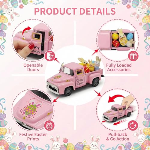 YimiBloss Pink Easter Truck Decorations Set - Vintage Farmhouse Metal Truck with 3 Easter Eggs and 3 Resin Bunny Figurines, Spring Farm Pickup Decor for Table Tiered Tray Home Kitchen Office Festival Gifts - Image 4