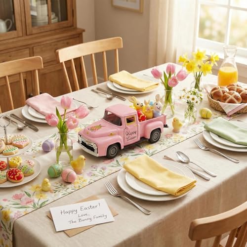 YimiBloss Pink Easter Truck Decorations Set - Vintage Farmhouse Metal Truck with 3 Easter Eggs and 3 Resin Bunny Figurines, Spring Farm Pickup Decor for Table Tiered Tray Home Kitchen Office Festival Gifts - Image 5