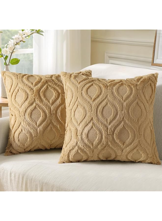The Bros Set of 2 Faux Fur Cushion Covers 45x45 cm, Decorative Soft Plush Fluffy Velvet Cushion Cover 18X18 Inch,Square Boho Neutral Pillow case for Sofa, Taupe - Image 1