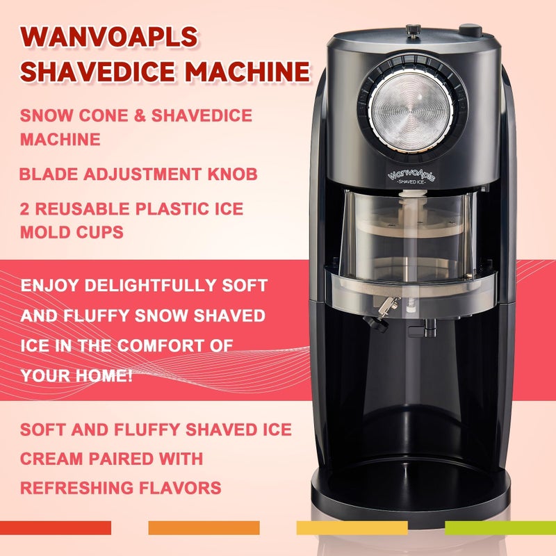 Wanvoapls Shaved Ice Machine - Snow Cone Machine Equipped With Stainless Steel Blade Adjustment Knob to Freely Adjust the Thickness of the Snowflakes and 2 Reusable Plastic Ice Mold Cup - Image 3