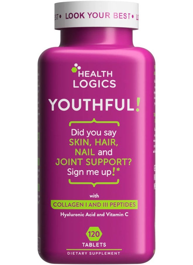 Health Logics Youthful Collagen 6,000 mg | Collagen Peptides Types 1 and 3 with Hyaluronic Acid and Vitamin C | Anti-Aging Collagen for Healthy Joints & Skin | 120 Collagen Tablets  - Image 1