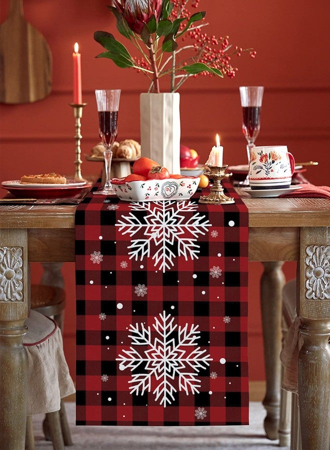 PIEPLE Christmas Table Runner-Red Black Buffalo Plaid Check snowflake-Cotton Linen-Winter Dinner Scarf Décor,Long 36 Inch Holiday Dresser Scarves,Farmhouse Xmas Kitchen Coffee/Dining Living Room Tablerunner - Image 2