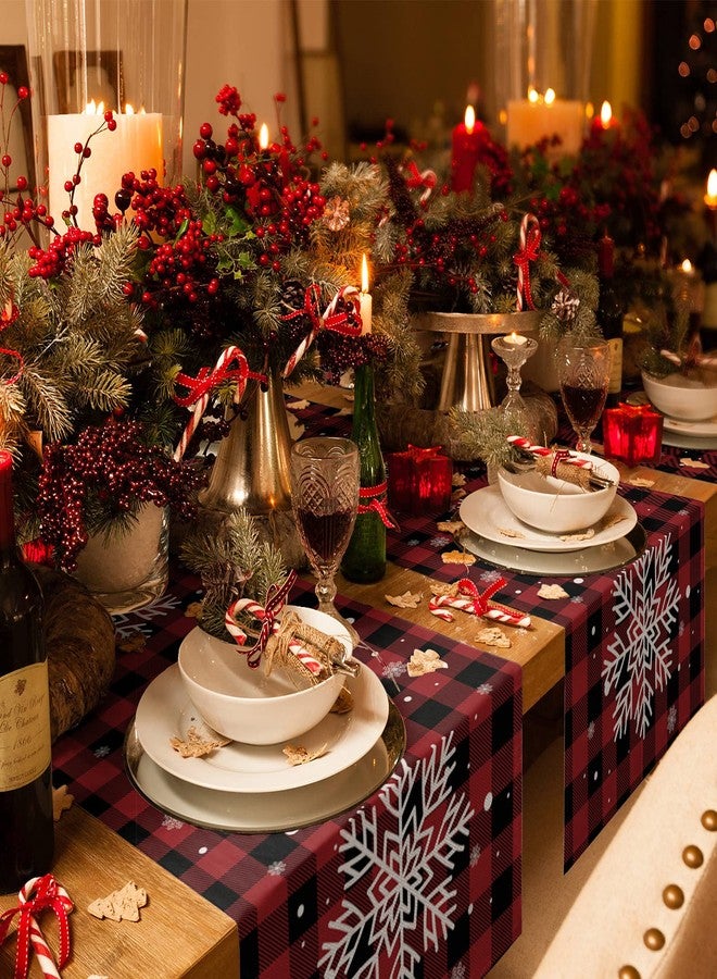 PIEPLE Christmas Table Runner-Red Black Buffalo Plaid Check snowflake-Cotton Linen-Winter Dinner Scarf Décor,Long 36 Inch Holiday Dresser Scarves,Farmhouse Xmas Kitchen Coffee/Dining Living Room Tablerunner - Image 3