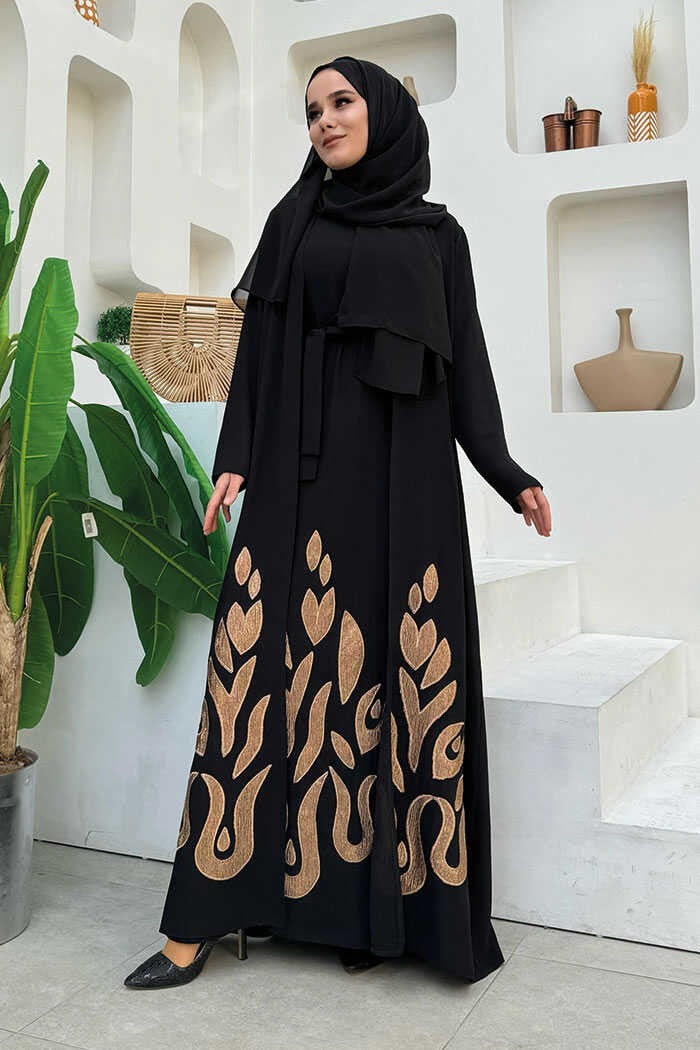 Bym Fashion Skirt Part Patterned Dress Abaya Suit 8495 Black - Image 1