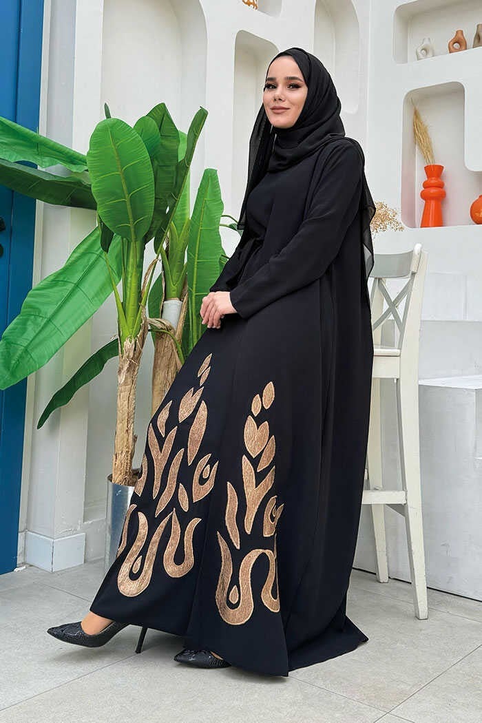 Bym Fashion Skirt Part Patterned Dress Abaya Suit 8495 Black - Image 4