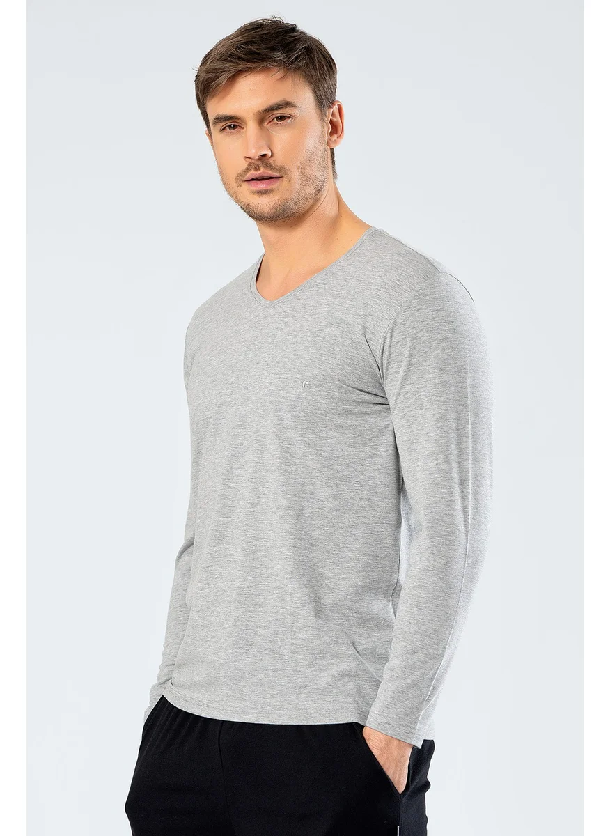 cacharel 1334 Men's V Neck Long Sleeved T-Shirt - Gray