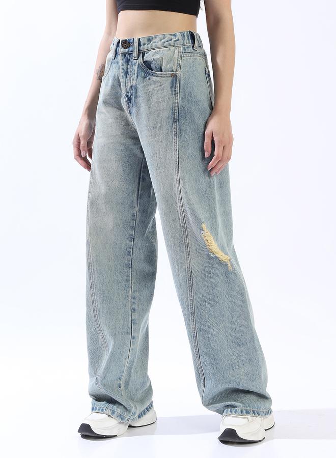 HIGH STAR Women's Blue 100% Cotton Distressed Pattern Full Length Denim Wide Leg Jeans - Image 5