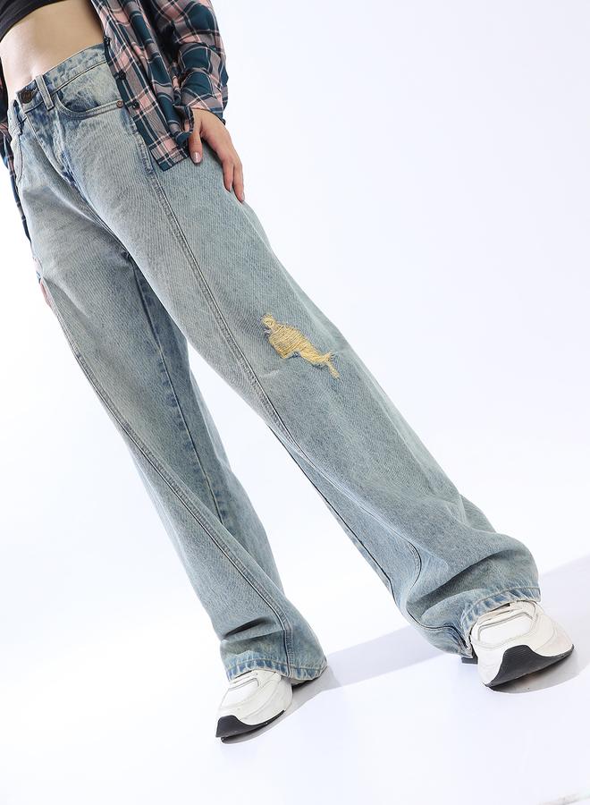 HIGH STAR Women's Blue 100% Cotton Distressed Pattern Full Length Denim Wide Leg Jeans - Image 2