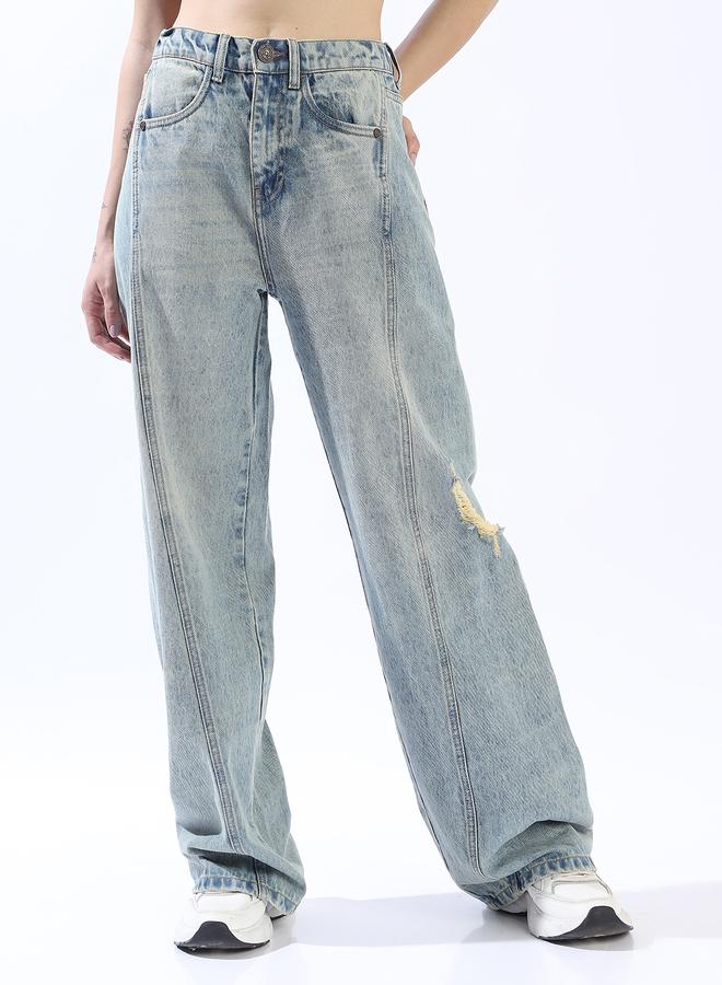 HIGH STAR Women's Blue 100% Cotton Distressed Pattern Full Length Denim Wide Leg Jeans - Image 3