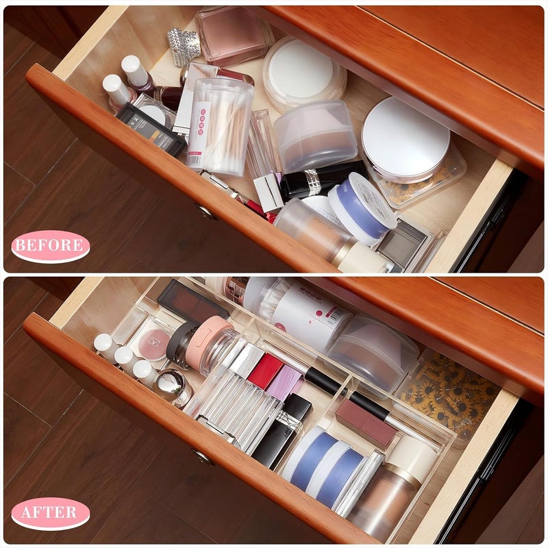 Chunful Clear Drawer Organizer 2 Pieces 6 Section Clear Desk Organizer with Dividers 3 Section Acrylic Makeup Tray Divided Clear Drawer Inserts Sectioned Organizer Tray Makeup Organizer Drawers Storage - Image 3