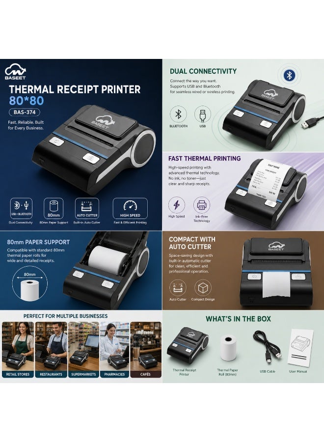 BASEET BAS-374 High-Speed 80x80 Thermal POS Receipt Printer for Shops Cafes & Business Use - Image 3