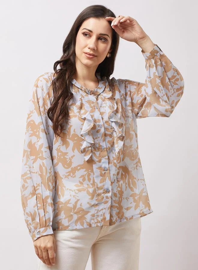 globus Women Abstract Print Balloon Sleeves Ruffled Top