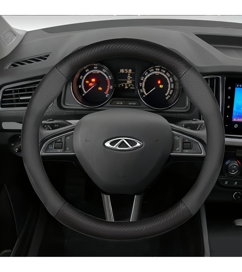 Crimson D Type Carbon Fiber Style PU Leather Steering Wheel Cover Breathable 38cm Fits Chery - Image 1