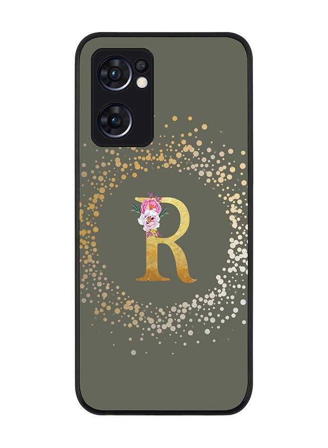 Stylizedd Rugged Black edge case for Oppo Reno7 5G  Slim fit Soft Case Flexible Rubber Edges Anti Drop TPU Gel Thin Cover - Custom Monogram Initial Letter Floral Pattern Alphabet - R (Olive Green ) - Image 1