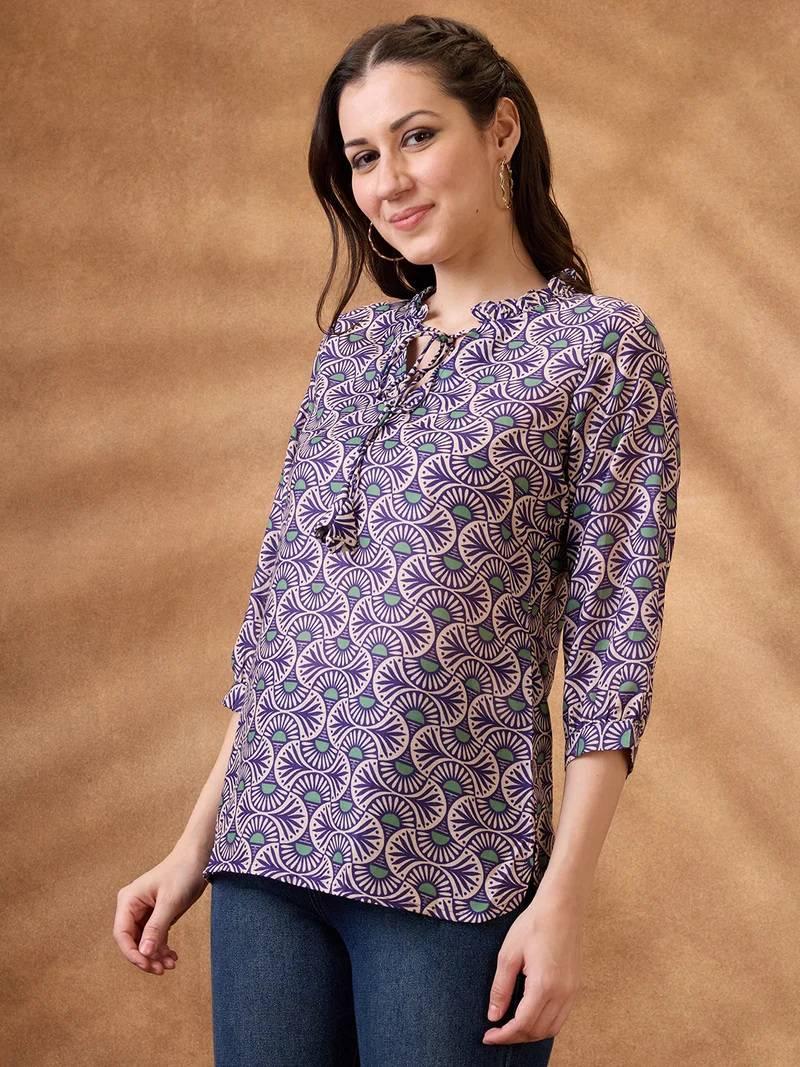 globus Globus Women Blue Frilled Tie-Up Neck Ethnic Print Curved Hem Workwear Tunic