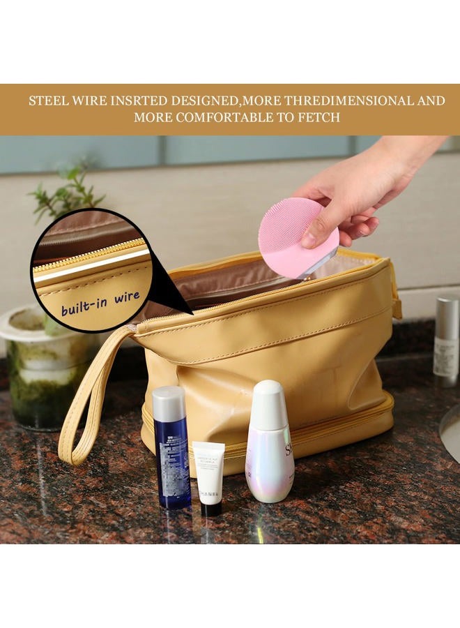 Abiudeng Large Makeup Bag,Double Layer Cosmetic Bag,Travel Makeup Bag,Leather Makeup Bag, Cosmetic Travel Bags,Portable Leather Toiletry Bag,Roomy Cosmetic Bag for Women and Girls, Yellow - Image 3