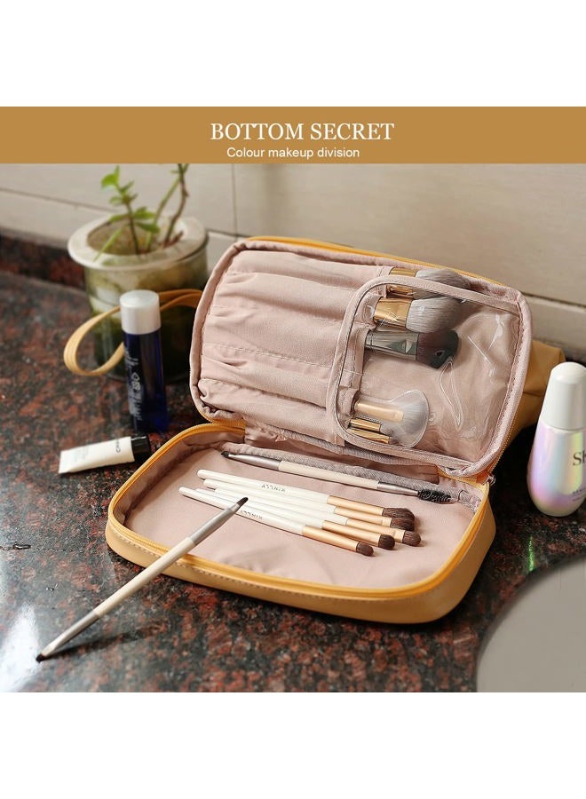 Abiudeng Large Makeup Bag,Double Layer Cosmetic Bag,Travel Makeup Bag,Leather Makeup Bag, Cosmetic Travel Bags,Portable Leather Toiletry Bag,Roomy Cosmetic Bag for Women and Girls, Yellow - Image 5
