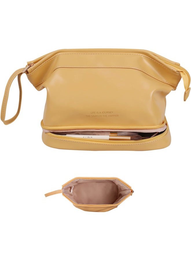 Abiudeng Large Makeup Bag,Double Layer Cosmetic Bag,Travel Makeup Bag,Leather Makeup Bag, Cosmetic Travel Bags,Portable Leather Toiletry Bag,Roomy Cosmetic Bag for Women and Girls, Yellow - Image 1