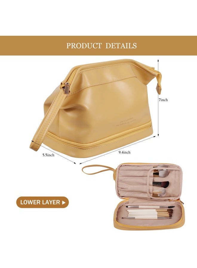 Abiudeng Large Makeup Bag,Double Layer Cosmetic Bag,Travel Makeup Bag,Leather Makeup Bag, Cosmetic Travel Bags,Portable Leather Toiletry Bag,Roomy Cosmetic Bag for Women and Girls, Yellow - Image 2
