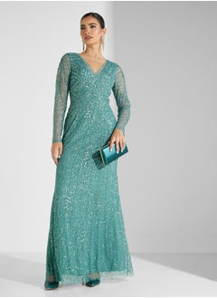 Adrianna Papell Long Sleeve Bead Long Dress  - Image 1