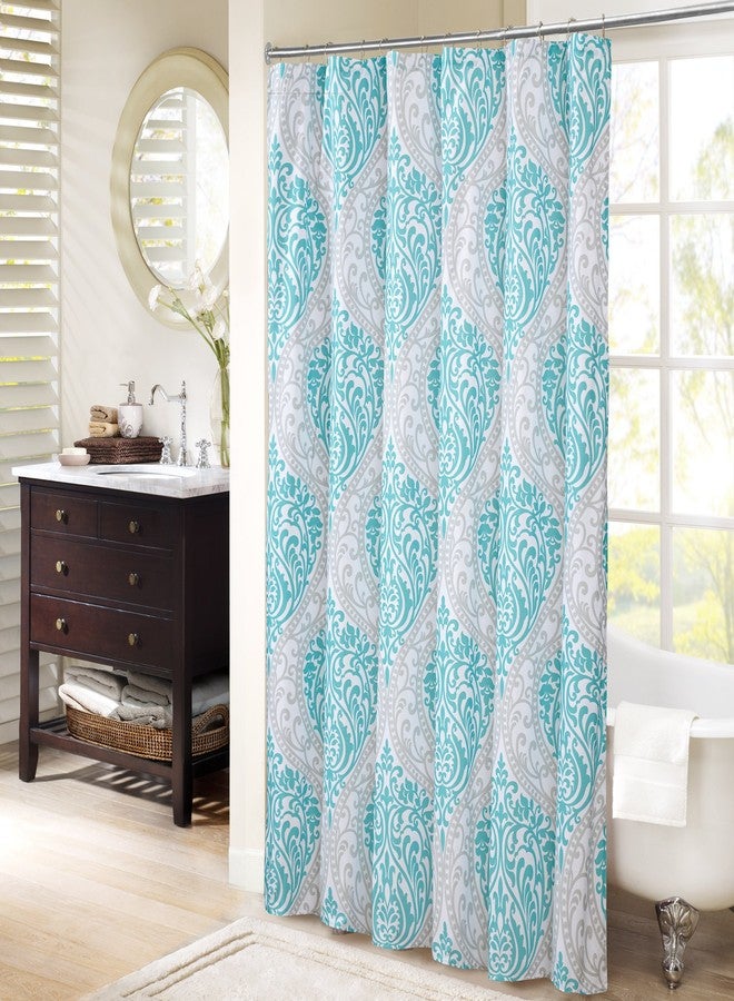 Comfort Spaces Coco Bathroom Shower Curtain Printed Damask Pattern Modern Cute Microfiber Fabric Bath Curtains, 72"x72", Teal / Grey - Image 1