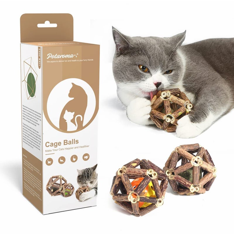 Potaroma Catnip Toys, 3Pcs Cat Toys Natural Silvervine Stick Cage Balls & Bell Ball for Indoor Cats, Kitten Cleaning Teeth Molar Matatabi Cat Chew Toy All Breeds - Image 1