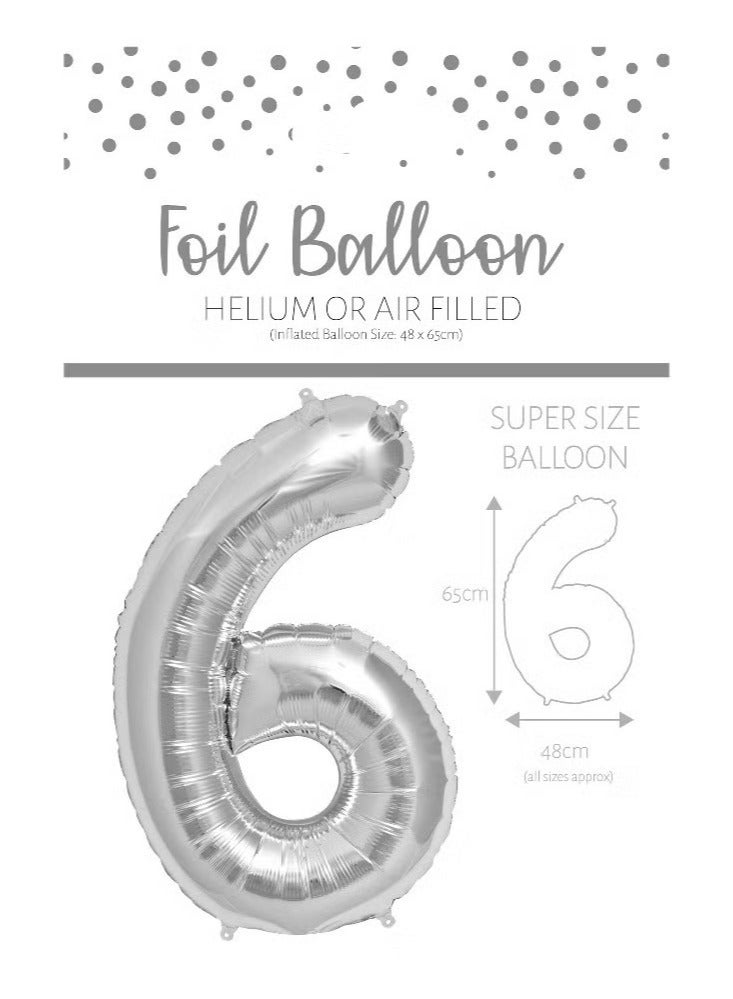 Number 6 Silver Foil Balloon 65cm - Perfect for Celebrations Like Birthdays and Decor.