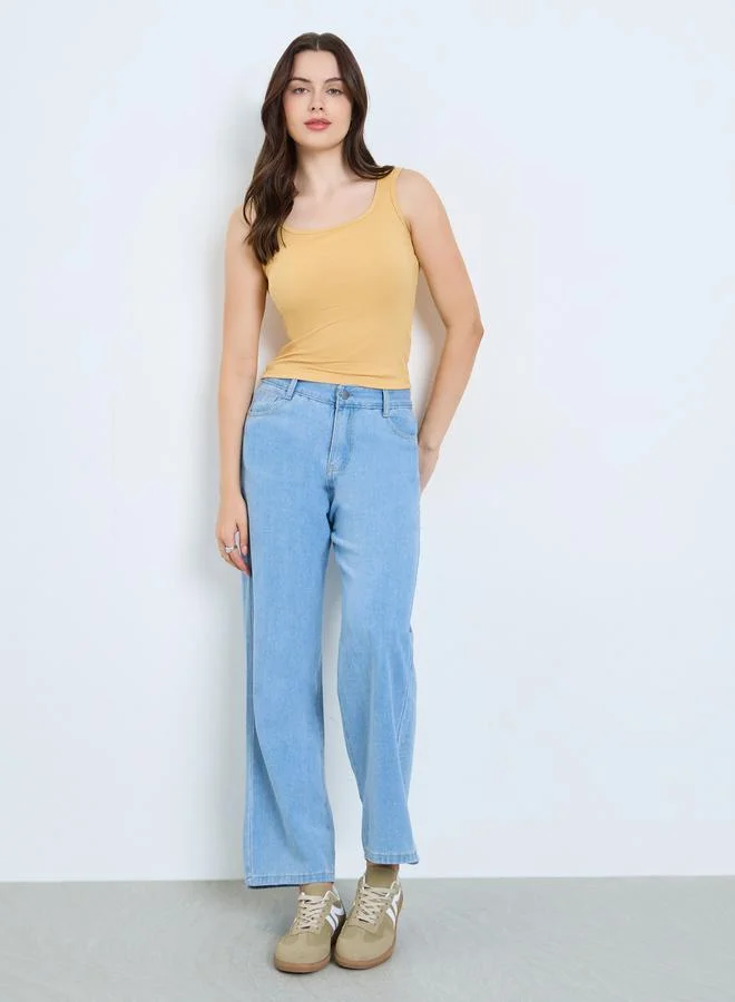 Styli Yellow Ribbed Square Neck Cami Top
