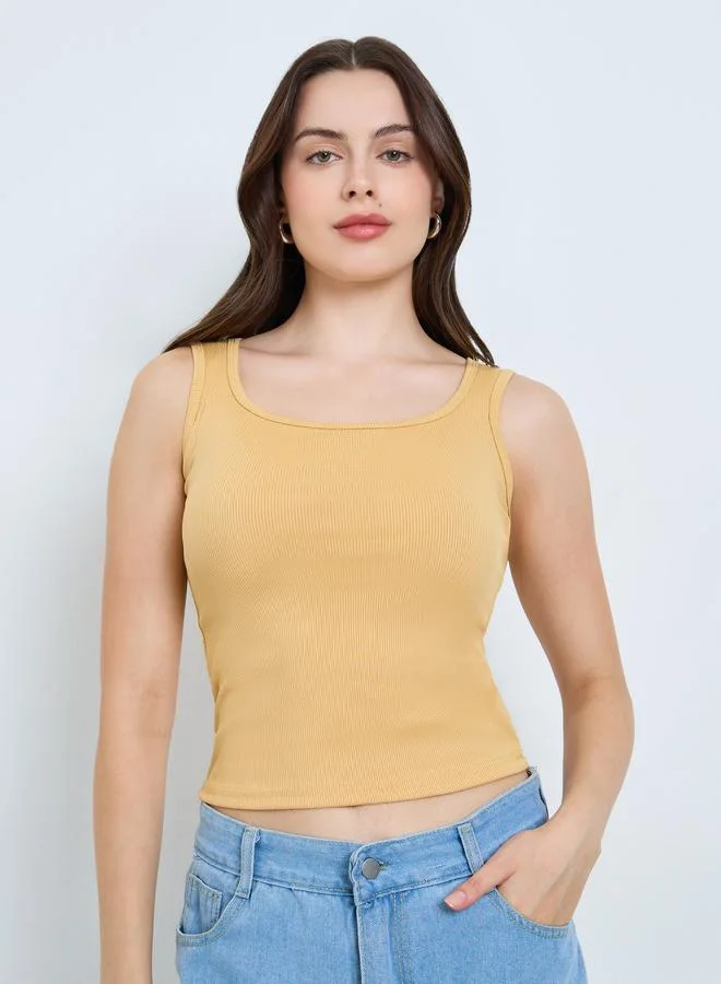 Styli Yellow Ribbed Square Neck Cami Top