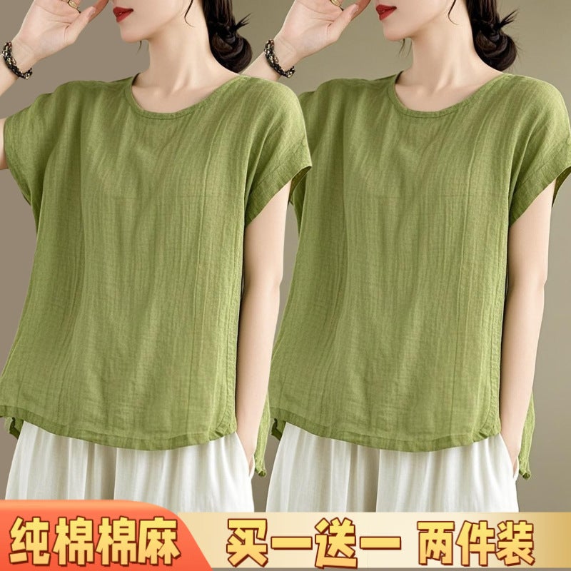 Plus Size Commuter Style Korean Style Pure Color Short-Sleeved T-Shirt Summer Thin Cotton Women'S Casual Style Two-Piece Linen White - Image 4