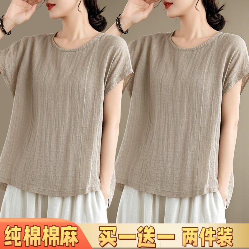 Plus Size Commuter Style Korean Style Pure Color Short-Sleeved T-Shirt Summer Thin Cotton Women'S Casual Style Two-Piece Linen White - Image 5
