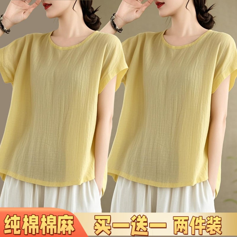 Plus Size Commuter Style Korean Style Pure Color Short-Sleeved T-Shirt Summer Thin Cotton Women'S Casual Style Two-Piece Linen White - Image 1