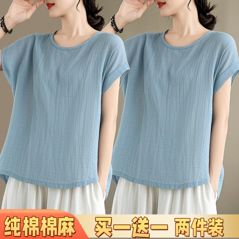 Plus Size Commuter Style Korean Style Pure Color Short-Sleeved T-Shirt Summer Thin Cotton Women'S Casual Style Two-Piece Linen White - Image 3