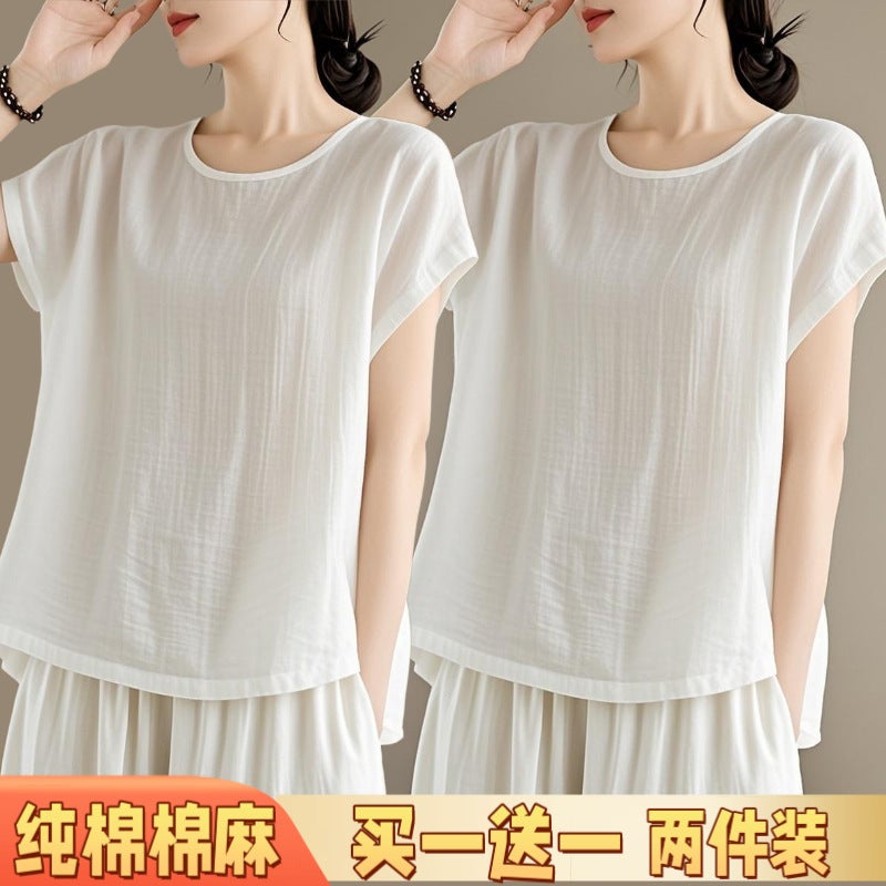Plus Size Commuter Style Korean Style Pure Color Short-Sleeved T-Shirt Summer Thin Cotton Women'S Casual Style Two-Piece Linen White - Image 2