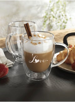 1Chase Romantic Borosilicate Double Wall Glass Mugs with Handle, 350ml - Love Print Design, Set of 2 - Perfect for Valentine's Day Gifting, Couples, Anniversaries & Special Occasions  - Image 1
