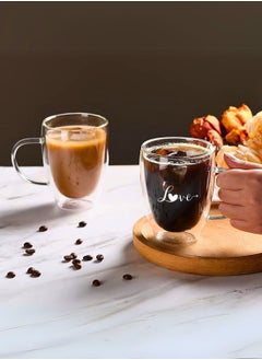 1Chase Romantic Borosilicate Double Wall Glass Mugs with Handle, 350ml - Love Print Design, Set of 2 - Perfect for Valentine's Day Gifting, Couples, Anniversaries & Special Occasions  - Image 2