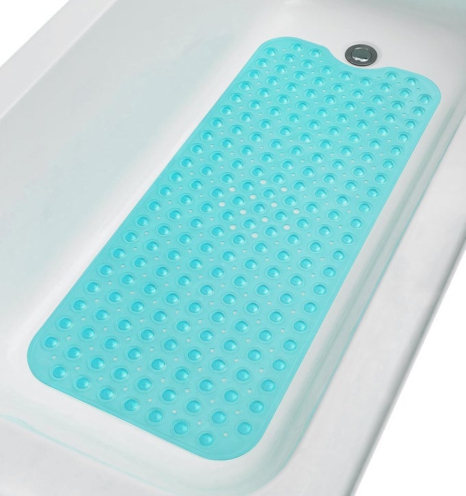 EXTRALONG NONSLIP BATHTUB SHOWER MAT 39X16 SMOOTHNONTEXTURED TUBS ONLY SAFE CLEAN MACHINEWASHABLE SUPERIOR GRIPDRAINAGE VINYL TRANSPARENT TURQUOISE GREENBLUE