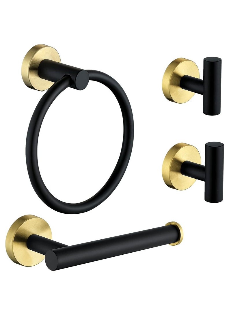 NANAO 4-Piece Stainless Steel Wall Mounted Bathroom Hardware Set Black Gold Towel Rack Set included Robe Towel Hooks Toilet Paper Holder and Towel Ring  - Image 1