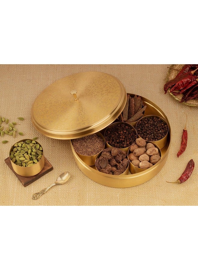 AKSHATA (03 Handcrafted Brass Spice Box Set for Kitchen with Spoon (7 Containers, 40 ML) - Brass Masala Box for Kitchen - Species Container - Image 2