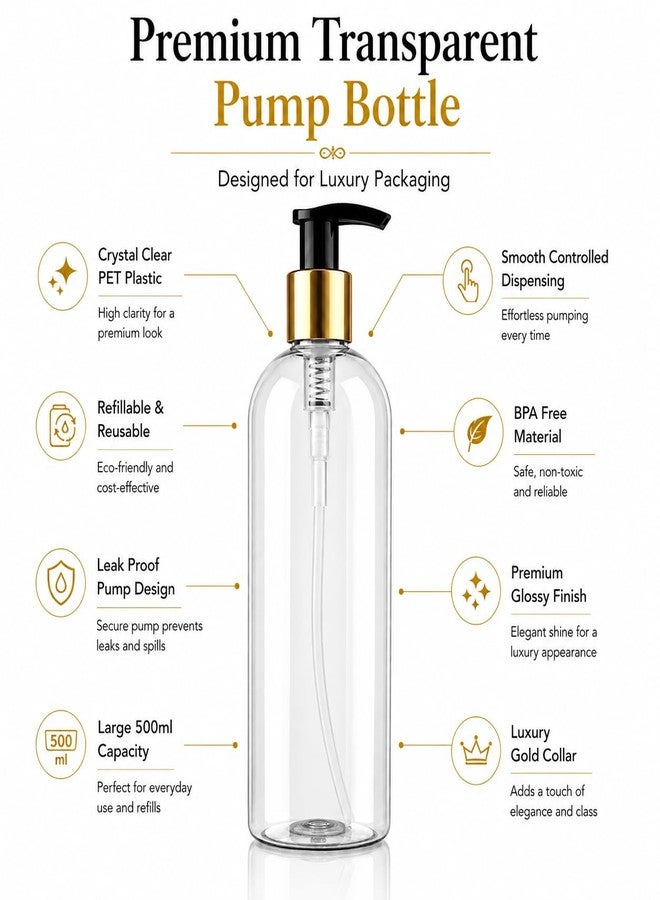 Prakash Empty Plastic Pump Bottles Dispenser 500ml Portable Shampoo Lotion Hand Bottle (Transparent Golden Pump 500ML, Pack of 3) - Image 3