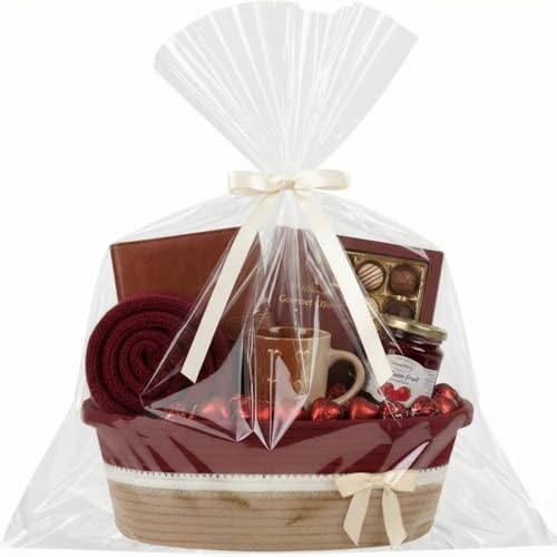 Colingmill Woven Gift Basket Empty with Handles Ribbons Bow Tie Bag 14 x 10 x 55 Inch Medium Decorative Woven Gift Basket Rope Storage Box Home Decor14 x 10 x 55 InchBrick Red Khaki - Image 1