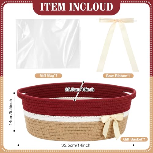 Colingmill Woven Gift Basket Empty with Handles Ribbons Bow Tie Bag 14 x 10 x 55 Inch Medium Decorative Woven Gift Basket Rope Storage Box Home Decor14 x 10 x 55 InchBrick Red Khaki - Image 3