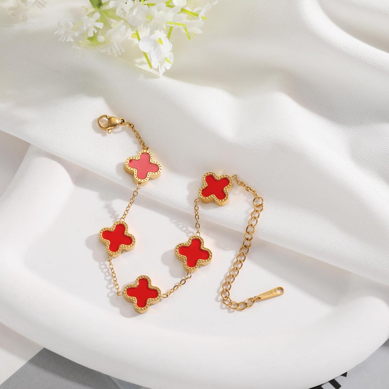 AIPPK 18K Gold Plated Clover Bracelet Set for Women Four Leaf Lucky Flower Bracelets Fashion Simple Jewelry Gifts for Women 3Pcs (Red+Green+Pink) - Image 3
