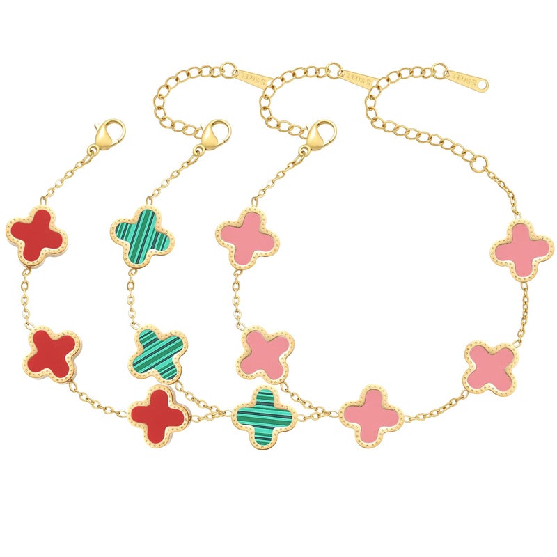 AIPPK 18K Gold Plated Clover Bracelet Set for Women Four Leaf Lucky Flower Bracelets Fashion Simple Jewelry Gifts for Women 3Pcs (Red+Green+Pink) - Image 1