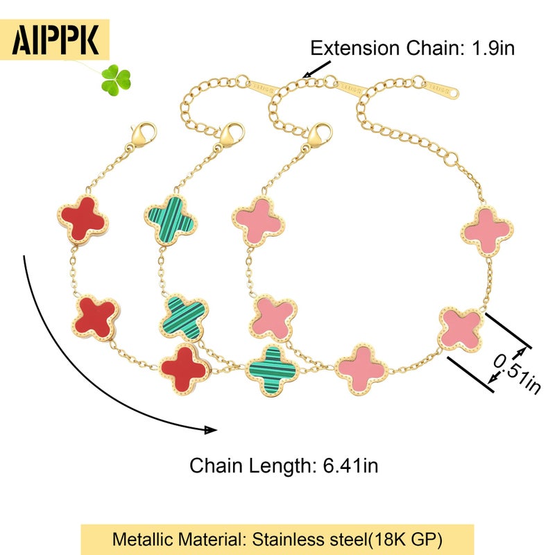AIPPK 18K Gold Plated Clover Bracelet Set for Women Four Leaf Lucky Flower Bracelets Fashion Simple Jewelry Gifts for Women 3Pcs (Red+Green+Pink) - Image 2