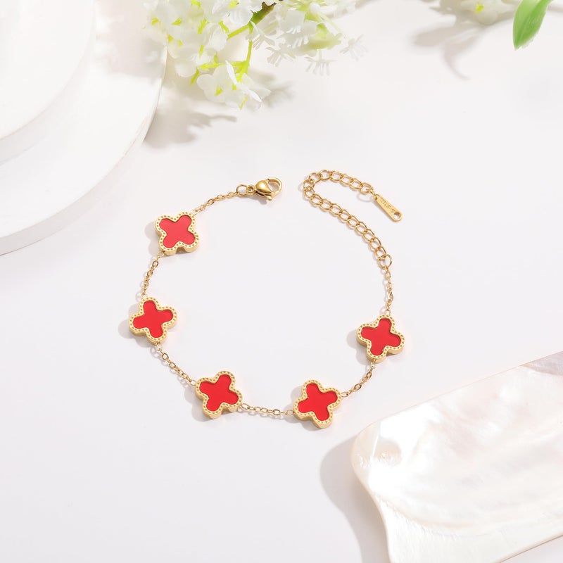 AIPPK 18K Gold Plated Clover Bracelet Set for Women Four Leaf Lucky Flower Bracelets Fashion Simple Jewelry Gifts for Women 3Pcs (Red+Green+Pink) - Image 5