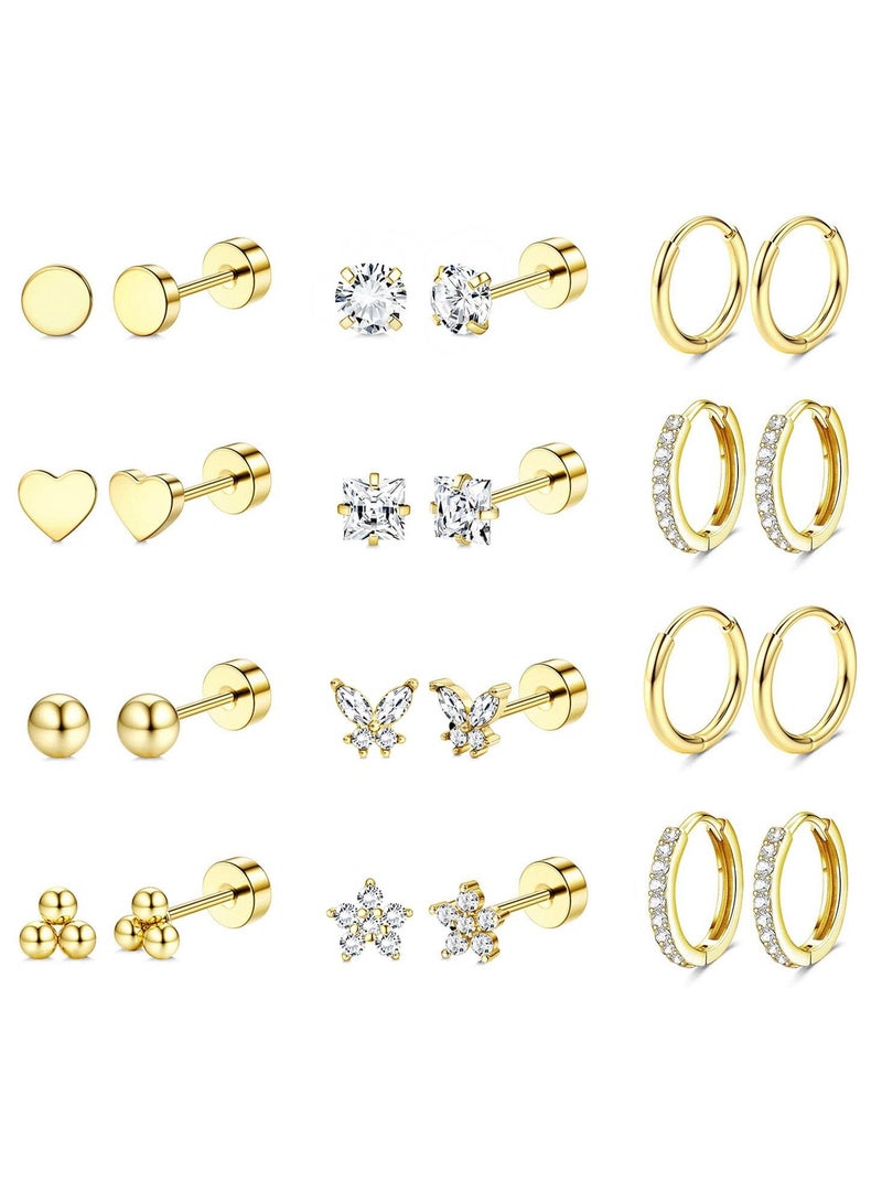 Hypoallergenic Surgical Steel Earrings for Sensitive Ears 14K Gold Flat Back Earrings for Women Men Small Stainless Steel Earrings Flatback Stud Hoop Cartilage Earring Set for Multiple Piercing - Image 1