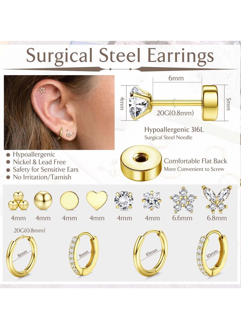 Hypoallergenic Surgical Steel Earrings for Sensitive Ears 14K Gold Flat Back Earrings for Women Men Small Stainless Steel Earrings Flatback Stud Hoop Cartilage Earring Set for Multiple Piercing - Image 5
