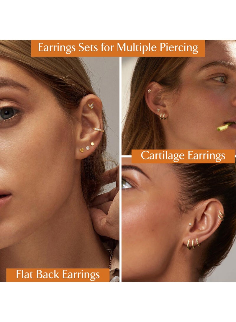 Hypoallergenic Surgical Steel Earrings for Sensitive Ears 14K Gold Flat Back Earrings for Women Men Small Stainless Steel Earrings Flatback Stud Hoop Cartilage Earring Set for Multiple Piercing - Image 4