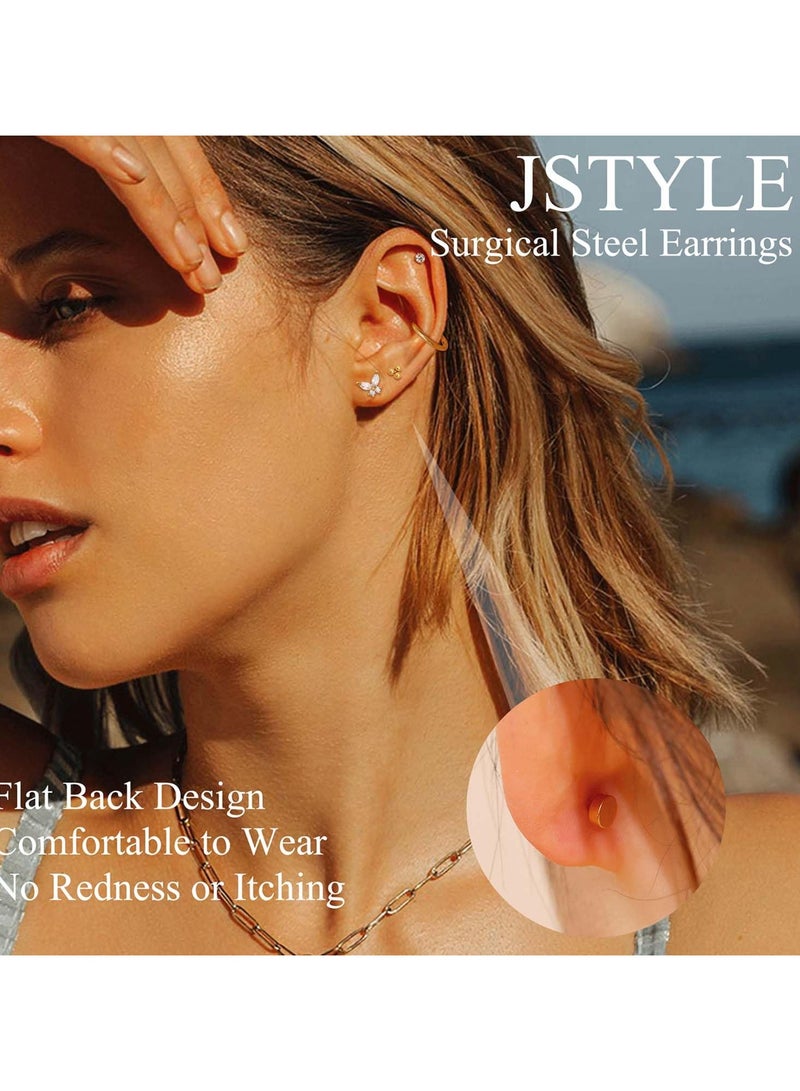 Hypoallergenic Surgical Steel Earrings for Sensitive Ears 14K Gold Flat Back Earrings for Women Men Small Stainless Steel Earrings Flatback Stud Hoop Cartilage Earring Set for Multiple Piercing - Image 2